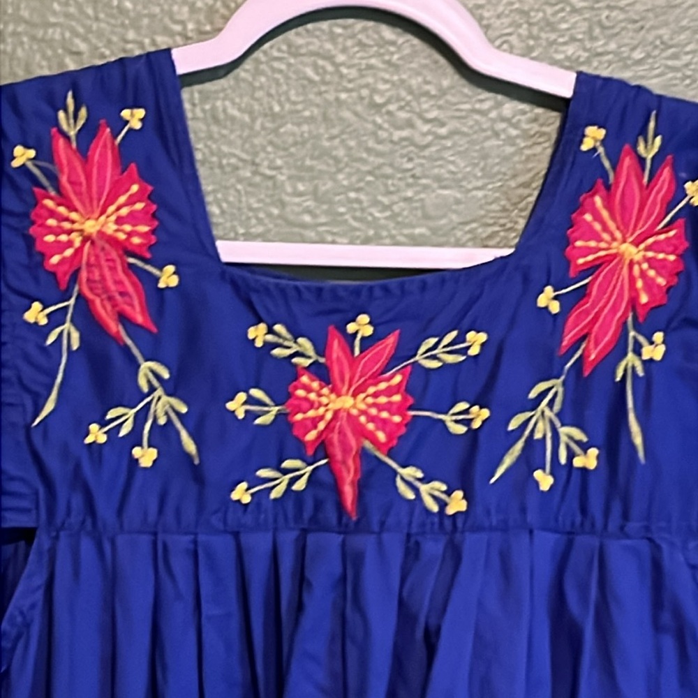 Vintage Blue Floral Embroidered Dress Mumu Hawaiian Tropical Flowers Hibiscus - Picture 4 of 8